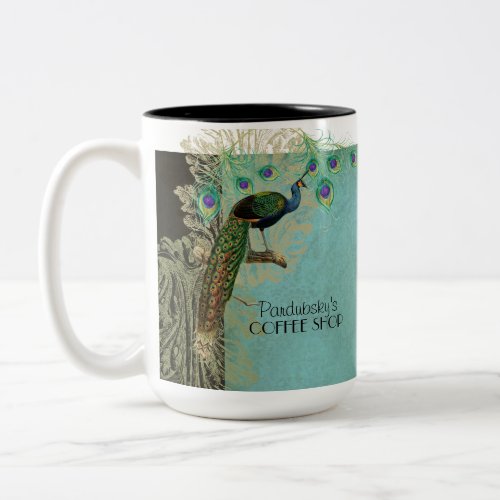 Vintage Peacock Feathers Etchings _ Kitchen Decor Two_Tone Coffee Mug