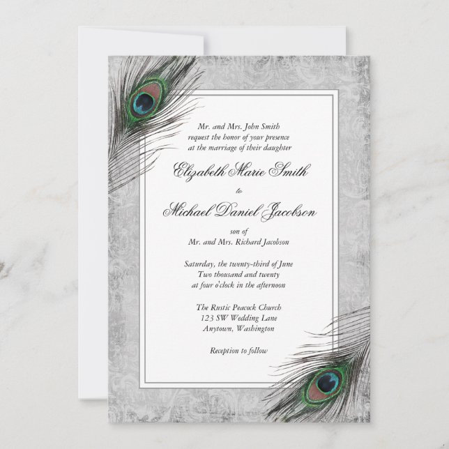 Vintage Peacock Feathers Gray Wedding Invitations (Front)