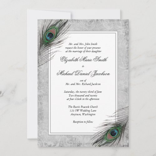 Vintage Peacock Feathers Gray Wedding Invitations