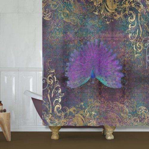 Vintage Peacock Feathers Purple Gold Foil Swirls Shower Curtain