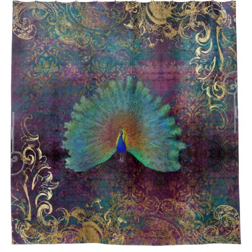Vintage Peacock Feathers Purple Teal Gold Scrolls Shower Curtain
