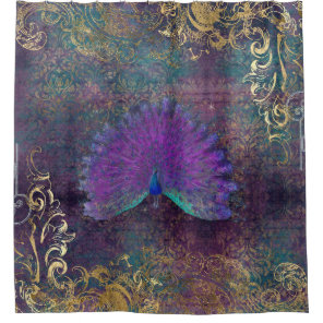 Vintage Peacock Feathers Purple Teal Gold Swirls  Shower Curtain