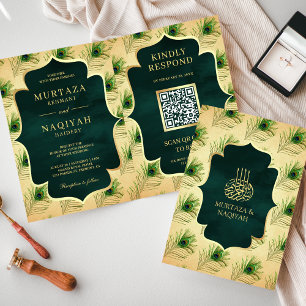 Vintage Peacock Feathers QR Code Muslim Wedding Invitation