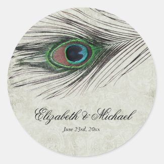 Vintage Peacock Feathers Round Wedding Favor Label