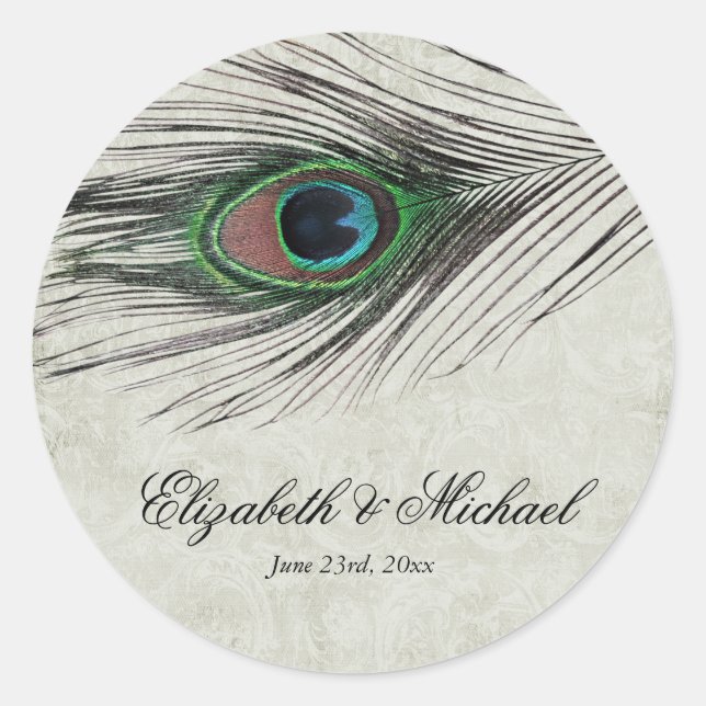 Vintage Peacock Feathers Round Wedding Favor Label (Front)