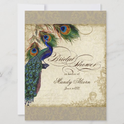 Vintage Peacock Feathers Silver Bridal Shower Invitation
