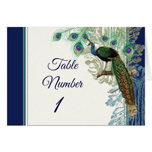 Vintage Peacock Feathers Table Numbers Navy Blue