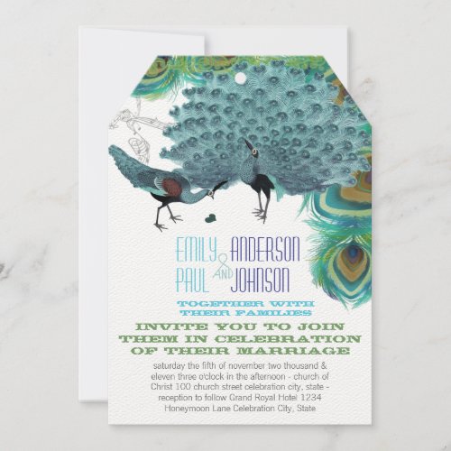Vintage Peacock Feathers with Peacock Love Birds Invitation