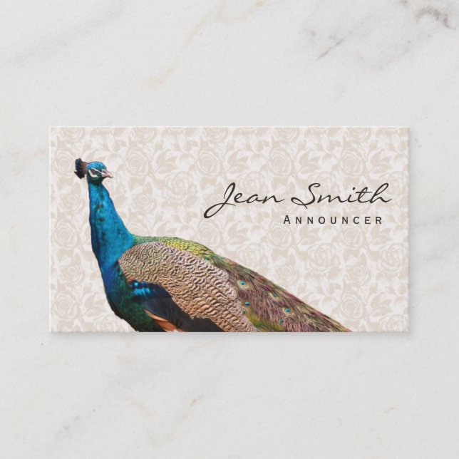 Vintage Peacock Floral Announcer Business Card (Front)