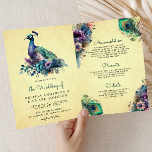 Vintage Peacock Floral Feather QR Code Wedding Invitation