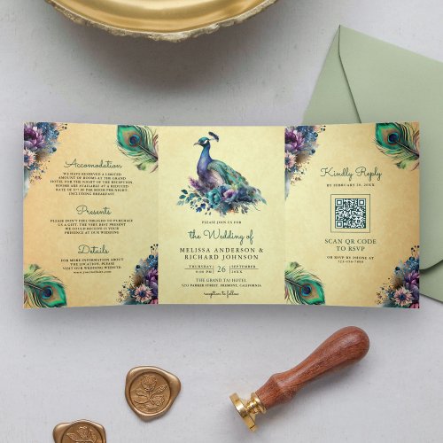 Vintage Peacock Floral Feather QR Code Wedding Tri_Fold Invitation