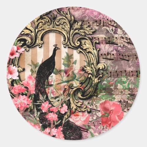 Vintage peacock floral musical note pink and gold classic round sticker