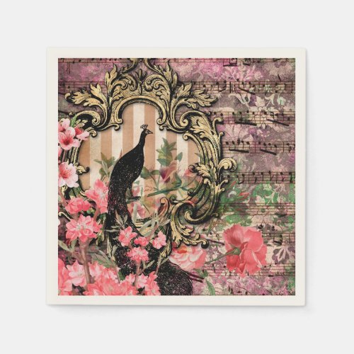 Vintage peacock floral musical note pink and gold napkins