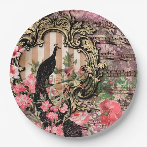 Vintage peacock floral musical note pink and gold paper plates