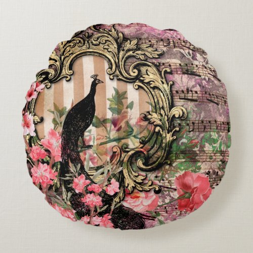Vintage peacock floral musical note pink and gold round pillow