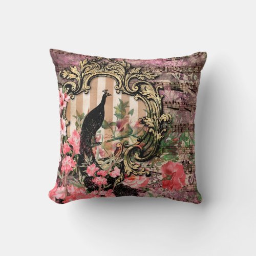 Vintage peacock floral musical note pink and gold throw pillow