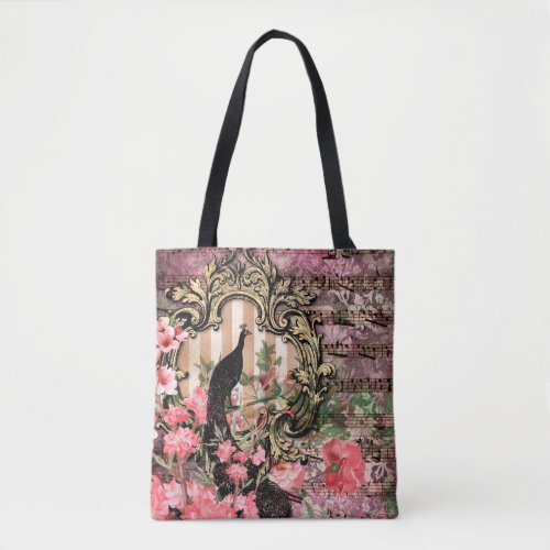 Vintage peacock floral musical note pink and gold tote bag