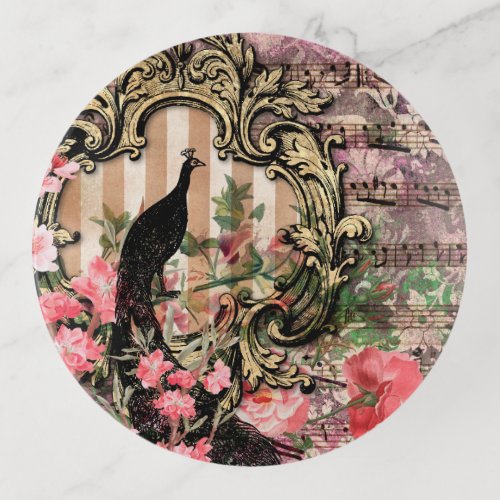 Vintage peacock floral musical note pink and gold trinket tray