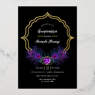 Vintage Peacock Floral Quinceañera Foil Invitation