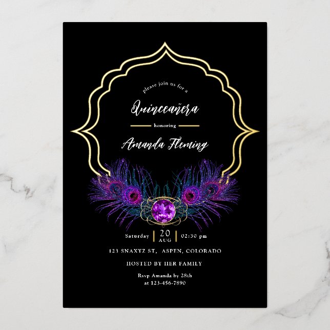 Vintage Peacock Floral Quinceañera Foil Invitation (Front)