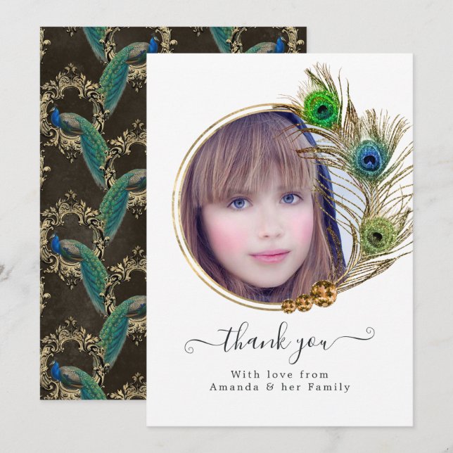Vintage Peacock Floral Quinceañera Thank You Card (Front/Back)