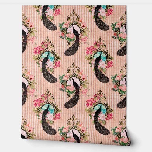 Vintage peacock floral striped pink blue black gol wallpaper 