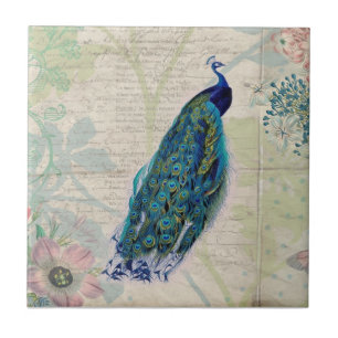 Vintage Peacock, Flowers and Butterfly Ceramic Tile