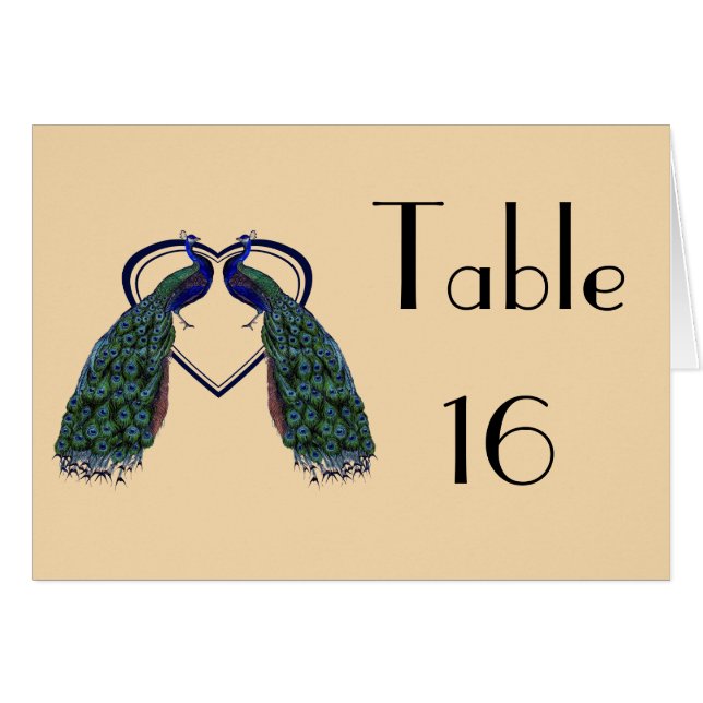 Vintage Peacock Folded Table Number Cards (Front Horizontal)