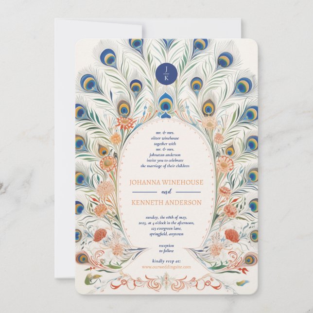 Vintage Peacock Frame | Monogram Wedding Invitation (Front)