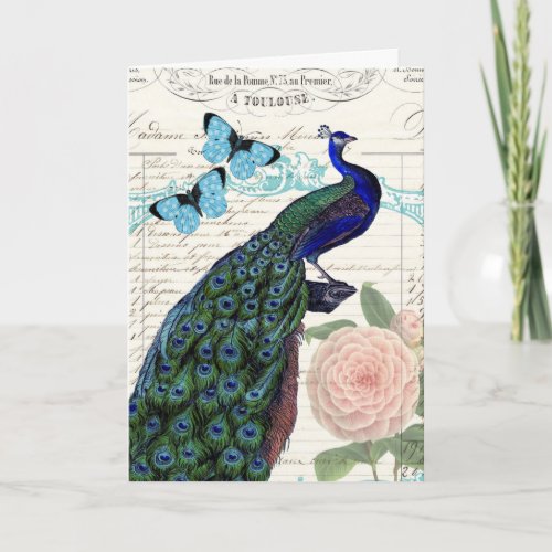 Vintage Peacock French Ephemera Collage Birthday Card