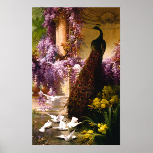 Vintage Peacock Garden Artwork Romantic Wisteria Poster