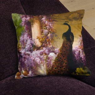 Vintage Peacock Garden Artwork Romantic Wisteria Throw Pillow