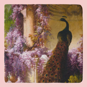 Vintage Peacock Garden Artwork Romantic Wisteria Trivet
