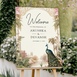 Vintage Peacock Garden Indian Wedding Welcome Sign