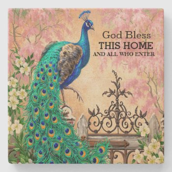 Vintage Peacock God Bless Sandstone Coaster by visionsoflife at Zazzle