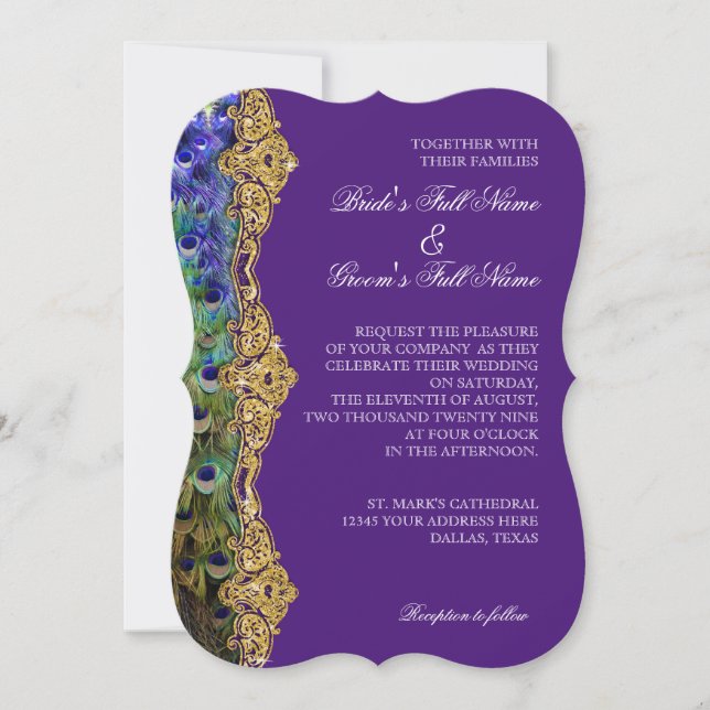 Vintage Peacock Gold Glitter Old Hollywood Purple Invitation (Front)