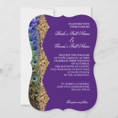 Vintage Peacock Gold Glitter Old Hollywood Purple Invitation