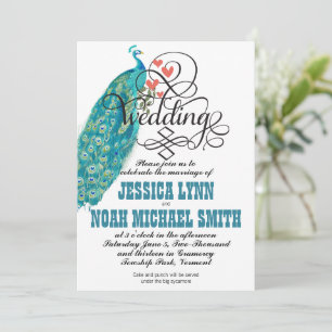 Vintage Peacock Hearts Teal and Coral Invitation