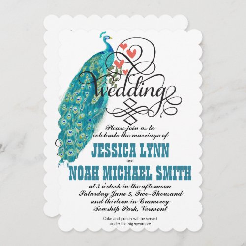 Vintage Peacock Hearts Teal and Coral Invitation