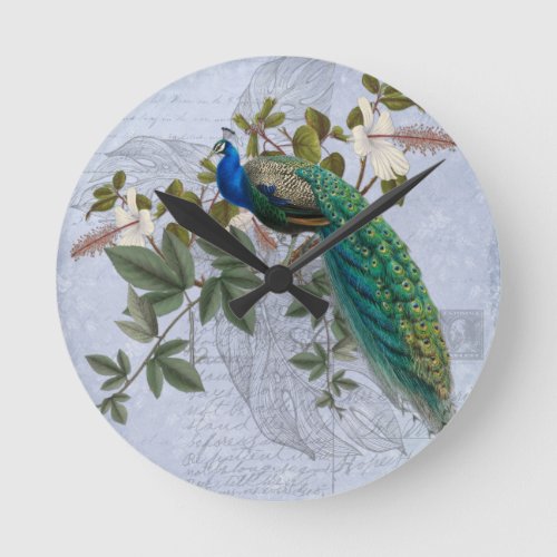 Vintage Peacock Hibiscus Blue  Romantic Ephemera Round Clock