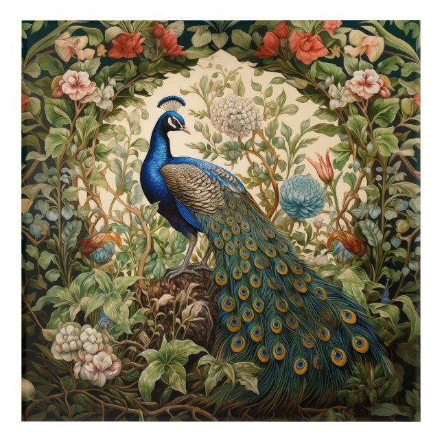 Vintage Peacock in a Flower Garden Acrylic Print (Front)