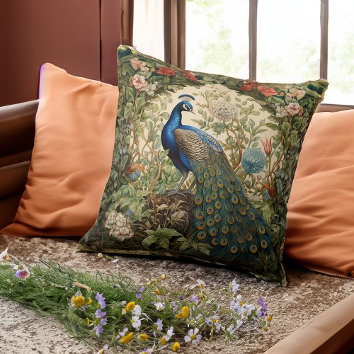 Vintage Peacock in a Flower Garden Throw Pillow
