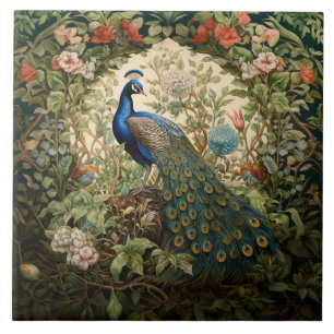 Vintage Peacock in a William Morris Garden Ceramic Tile