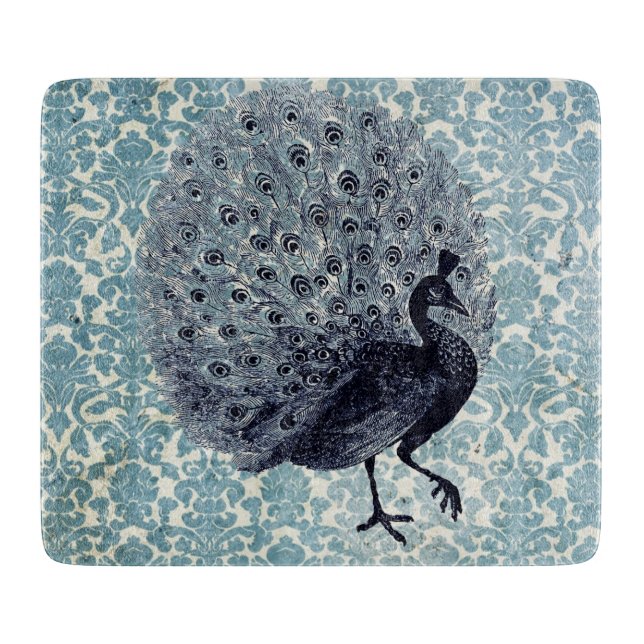 Vintage Peacock in Blue Square Cutting Board (Front)