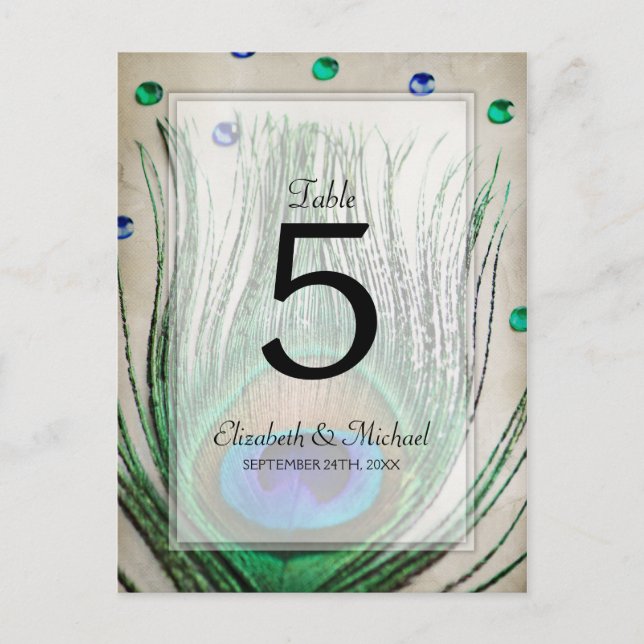 Vintage Peacock Jewels Tan Wedding Table Number (Front)