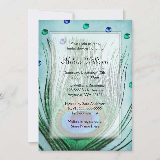 Vintage Peacock Jewels Teal Blue Bridal Shower Invitation (Front)