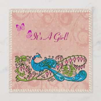 Vintage Peacock Lacy Pink Baby Shower Invitation by BabiesGalore at Zazzle