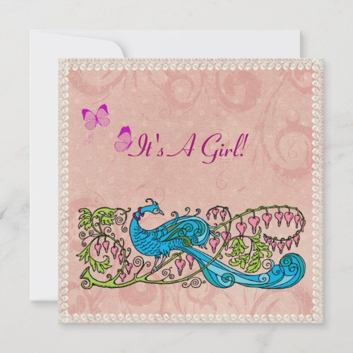 Vintage Peacock Lacy Pink Baby Shower Invitation