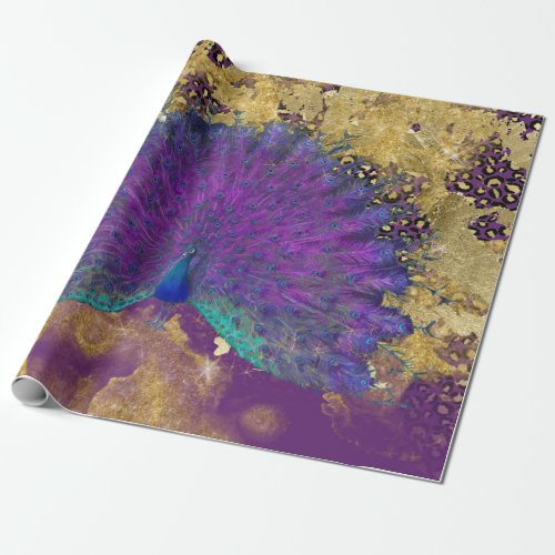 Vintage Peacock Leopard Purple and Gold Decoupage Wrapping Paper