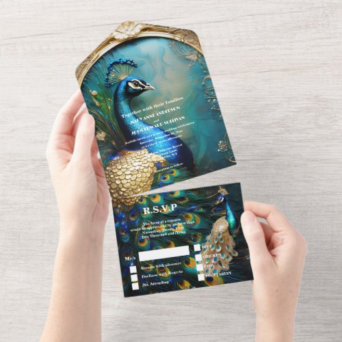 Vintage peacock luxury art nouveau elegant bird all in one invitation